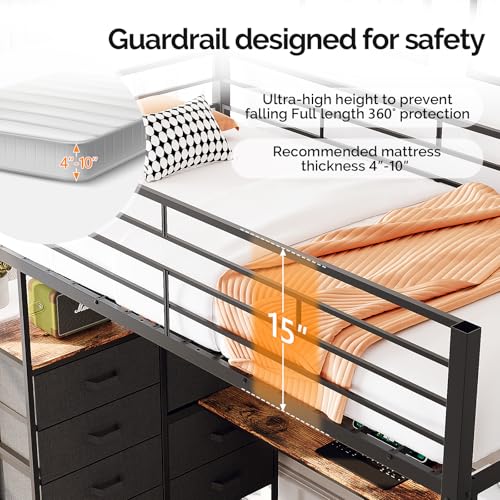 Image of VINGLI Full Loft Bed 15 Inch Extra Tall Safety Guardrail, 7 Drawers Dresser, and Flat Rungs, LED High Double Sleeper with 2 Charging Stations,and Desk, Heavy Duty Space Saving Bed, Black