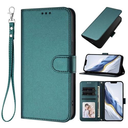 HAOFUGUI Wallet Case for Honor 50 SE/Huawei nova 9SE, PU Leather Flip Cover with TPU Inner Shell, Shockproof Protection, Card Slots, Cash Pocket and Wrist Strap-DarkGreen