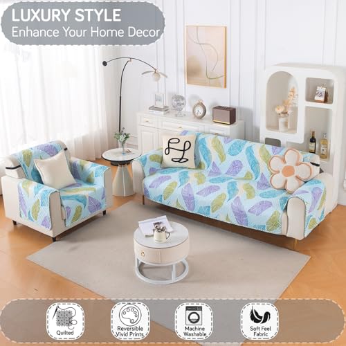 Image of HOKIPO Double Sided Quilted Sofa Cover 4 Seater Fully Covered, Washable(3+1) Sofa Cover Easy Drape Series, Colourful Leaves (IN-1101 + IN-1099-ED2)