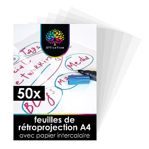 OfficeTree 50 x Feuilles Transparente pour Rétroprojecteur A4 - Feuille Transparente Imprimable -...