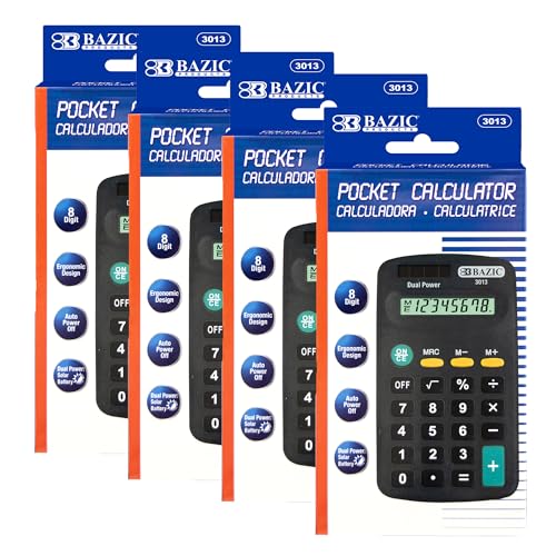 Calculatrice de poche lot de 4 BAZIC à 8 chiffres double alimentation noire