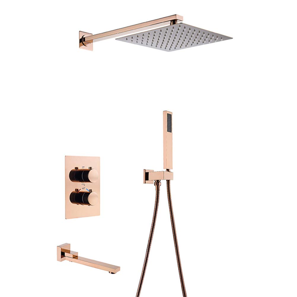 NGDFGR Shower Faucet Set, Brass Rose Gold Shower Faucet Rainfall Shower Head Bathroom Shower Diverter Thermostatic Valve Shower Set,10 In,size_name-10 Inch