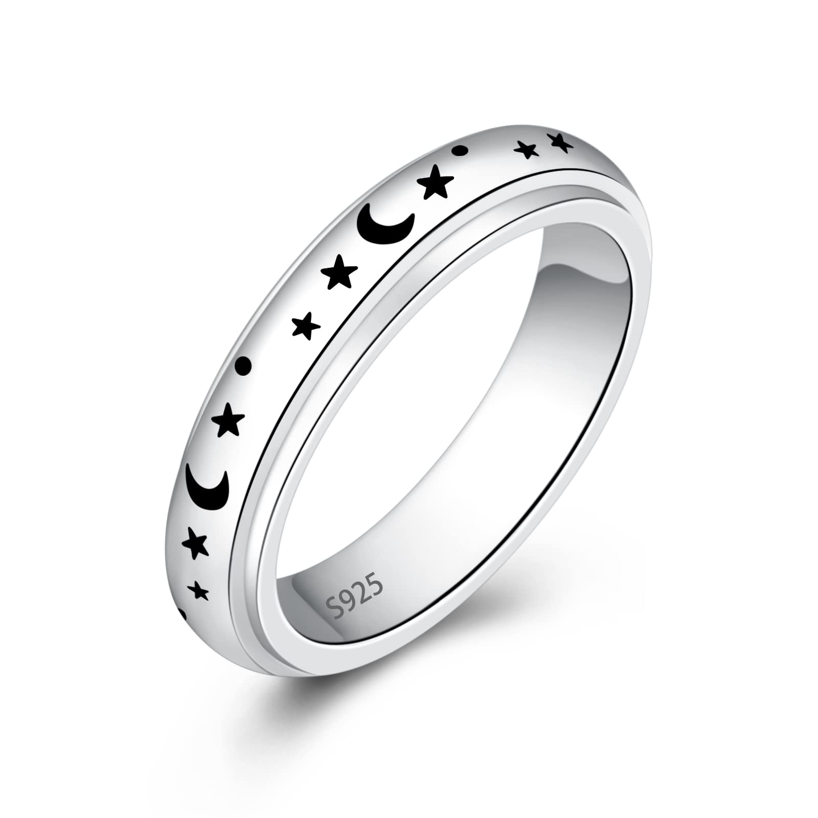 Sterling Silver Spinner Rings Spinning Moon Star Fidget Ring Stress Relieving Rings Anti Anxiety Ring Engagement Wedding Promise Band for Women Men