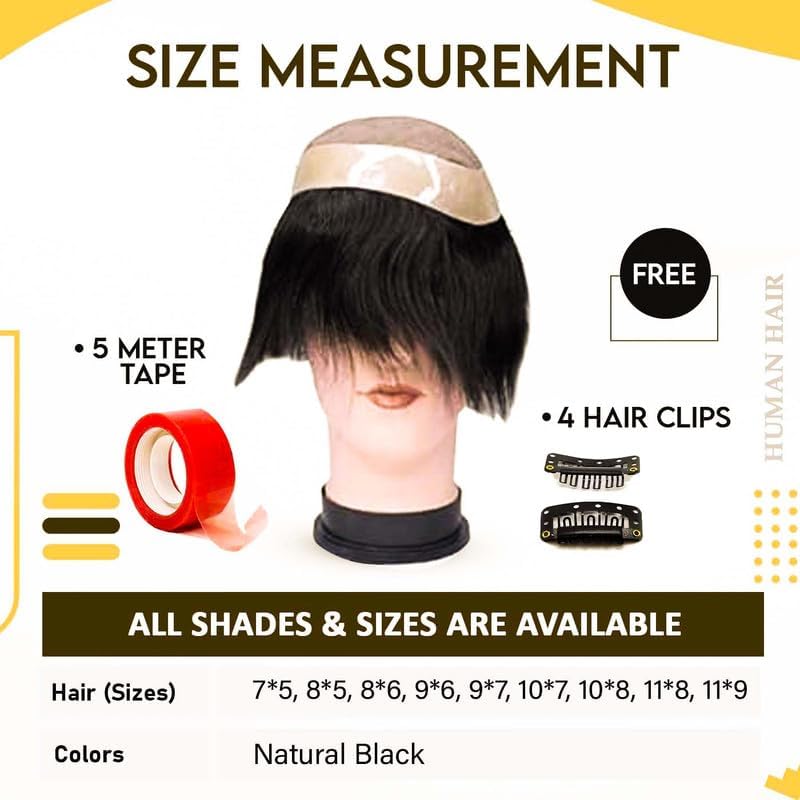 Image of Kabello Fine Monofilament Human Hair Patch Toupee for Men Natural Human Hair, Fine Hair Wig Replacement System Easy Fit with Tape, Glue or Clips Mono Base Natural Black (7X5)