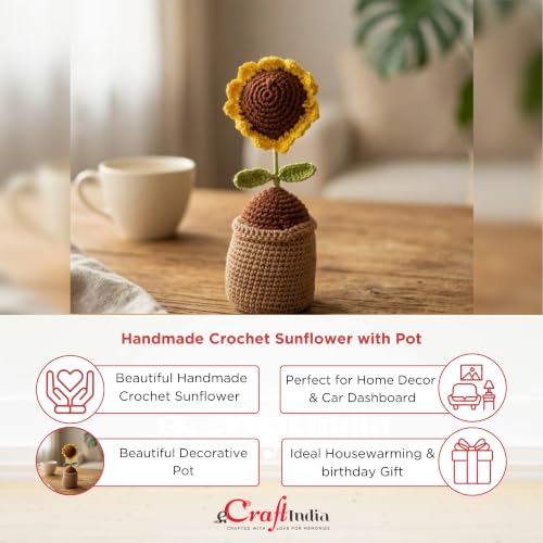 Image of eCraftIndia Brown Artificial Handmade Crochet Sunflower with Pot for Table Decor Car Dashboard Home Office Decoration Item