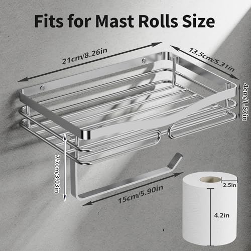 YIGII Toilet Paper Holder with Shelf, Adhesive or Drilling Toilet Paper Roll Holder for Bathroom, Rustproof Tissue Roll Holder Wall Mounted for Wipe Storage (Silver) - image 5