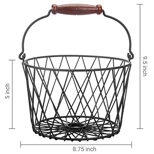 Mygift Matte Black Metal Egg Basket With Wood Handle - Wire Gathering Basket, Decorative Multipurpose Kitchen Storage Fruit Bins #TOP3