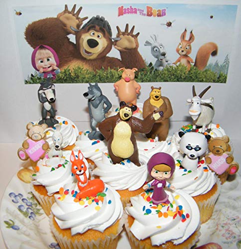 Masha and the Bear Deluxe Cake Toppers Cupcake Decorations 12 Set with 10 Figures and 2 Fun BearRings Featuring Silly Wolf, Bear, Panda, Masha, Lady Bear and More!
