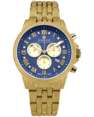 LOUIS XVI Aramis Frosted 2.0 3602 Montre pour homme - Étanche - Bracelet doré - Cadran Glacier bleu avec diamants - Mouvement à quartz suisse