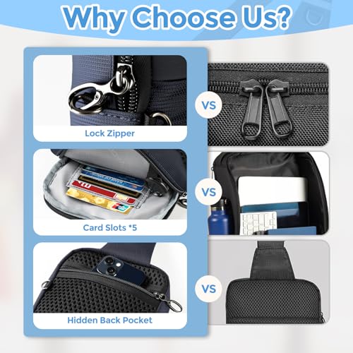 Image of VADOO Sling Bag, Anti Theft Sling Crossbody Bag for Women Men, Lock Zipper, RFID Blocking, Water Resistant, Compact Lightweight Waist Pack for Travel & Daily Use (Blue)