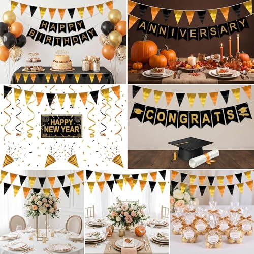 Image of 40M /130FT Black Gold Orange Triangle Pennant Banner Flag Metallic Fabric Bunting Garland for Christmas Wall Hanging,Graduation Decorations, New Years Decorations,Father' Da