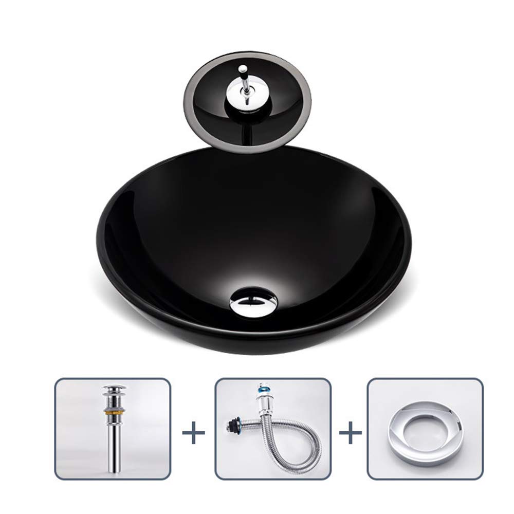 TIANQIHAO Glass Vessel Sink Bathroom Sink Vanity Rectangular Round Boat Shape Sink With Waterfall Faucet Combo,Black,A,Black-C