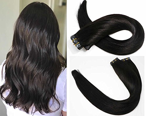 SeaShine Tape in Hair Extensions #1B Naturl Black 100% Remy Human Hair Extensions Silky Straight for Fashion Women 20 Pcs/Package(18Inch #1B 40g)