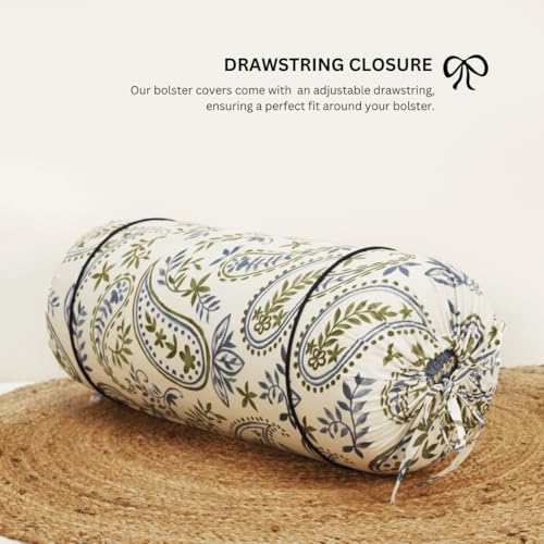 Image of AURAVE Cotton Printed Paisley Bolster Cover with Drawstring Closure, Set of 2, Soft Breathable Durable Machine Washable for Sofa Bed & Home Decor, 15 inchx30 inch, Blue | Cover Only