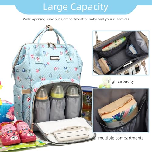 Image of GAIVP Diaper Bag Backpack, Diaper Bags for Baby Girls Boys, Baby Bags for Moms Dads, Nappy Changing Bag with Insulated Pockets,Multi-functional Waterproof Backpack with Stroller straps-Blue Flowers