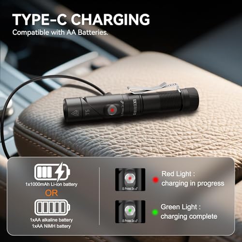 SMINGXI T5 1400 Lumens Rechargeable LED Flashlight, 90 Degree Adjustable Head, EDC Tactical Flashlight,Magnetic AA Pocket Work Light with Red Diffuser & Clip for Camping, Hiking, Emergency by SMINGXI - Image 3