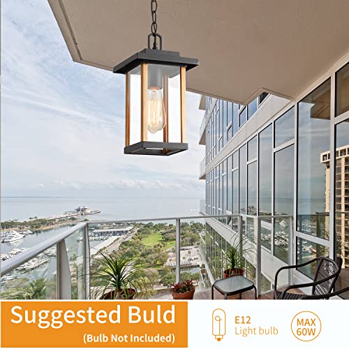 Smeike Led Outdoor Pendant Lights, Hanging Porch Lights With Clear Glass Shade, Outdoor Hanging Light For Outside Garage Driveway Patio, Wood Grain Finish & Matte Black Finish #TOP3