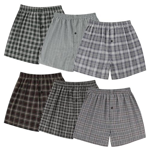 BAMBOO COOL Mens Underwear Woven Boxer Shorts Classic Relaxed Fit Lightweight Plaid Boxers 6 Pack