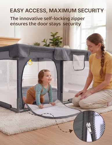 Image of Dripex Baby Playpen, 47 inchx47 inch Small Play Pen for Babies, Dark Gray | Included Colorful Balls / Pull up Rings, Breathable Visible Mesh, Anti-Fall Design, Easy Setup, Indoor /Outdoor Use