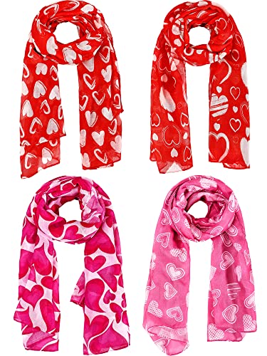 Patelai 4 Pcs Valentine Scarf for Women Heart Print Scarf Valentines Shawl for Girl Christmas Birthday Valentine Gift