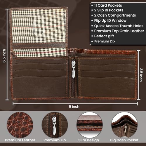 Men’s Leather Wallet RFID Blocking – Slim Bifold Wallet for Men with 15 Card Slots, ID Window – Stylish Crocodile Pattern, Durable Stitching, Brown – Gift Box Included4