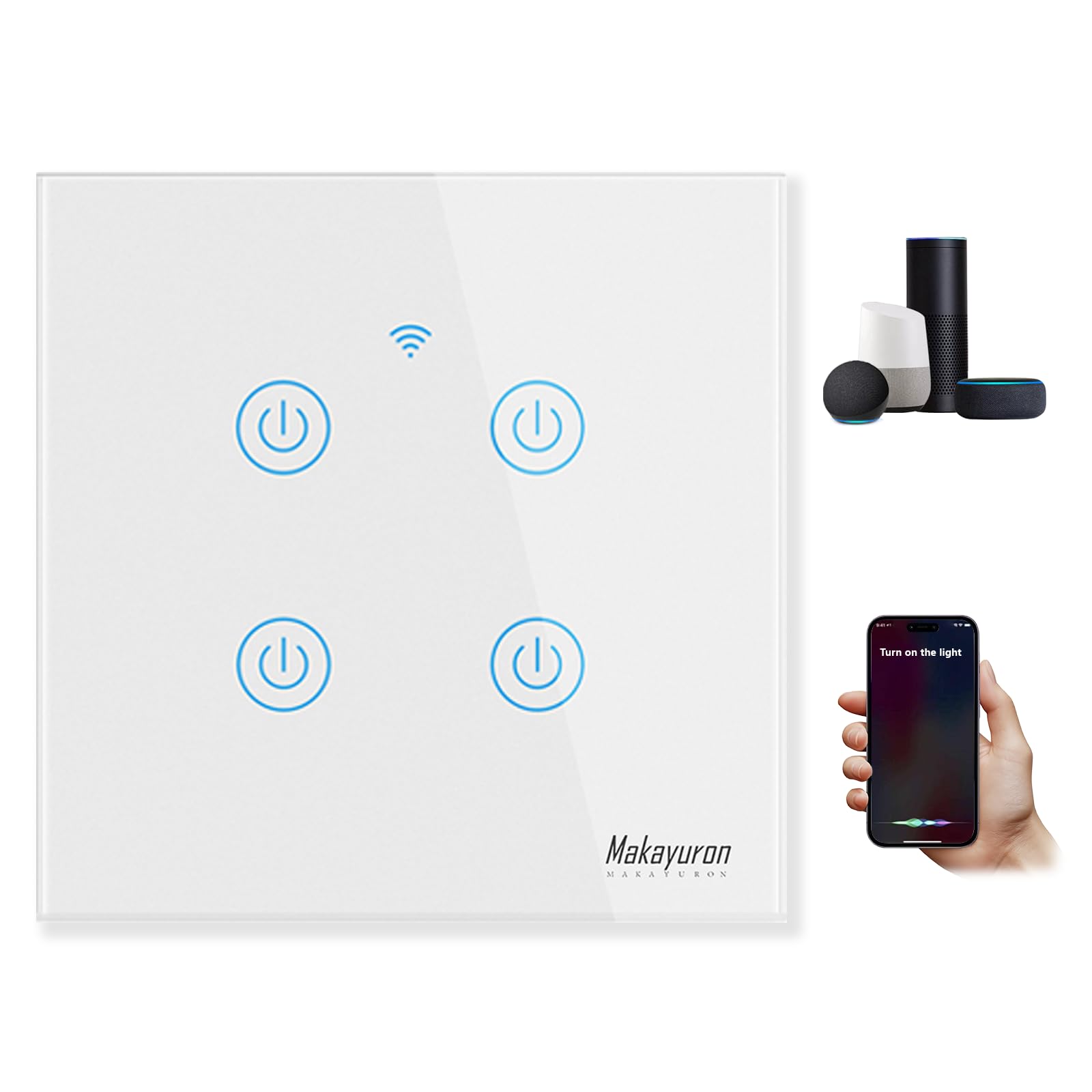 Makayuron WiFi Smart Wall Light Switch Touch Switches, No Neutral Wire Required Compatible with Alexa and Google Home, APP Remote Control Touch Switch, Voice Control, No Hub Required (White 4 Gang)