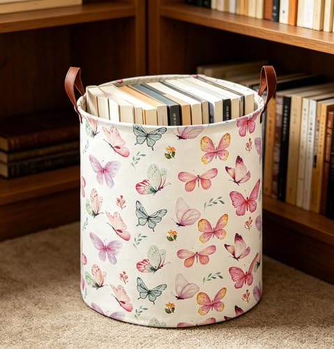 Image of 19.7 inch Laundry Basket,Waterproof Toys Storage Bin,Collapsible Clothes Hamper(Pink Butterfly)