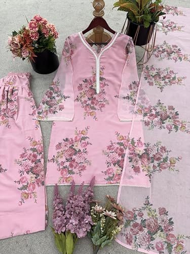 Image of JIYA'S Collection Women's Pure Faux Georgette Kurta Palazzo Set with Dupatta | Digital Print Full Sleeve Kurti with Farshi Pant