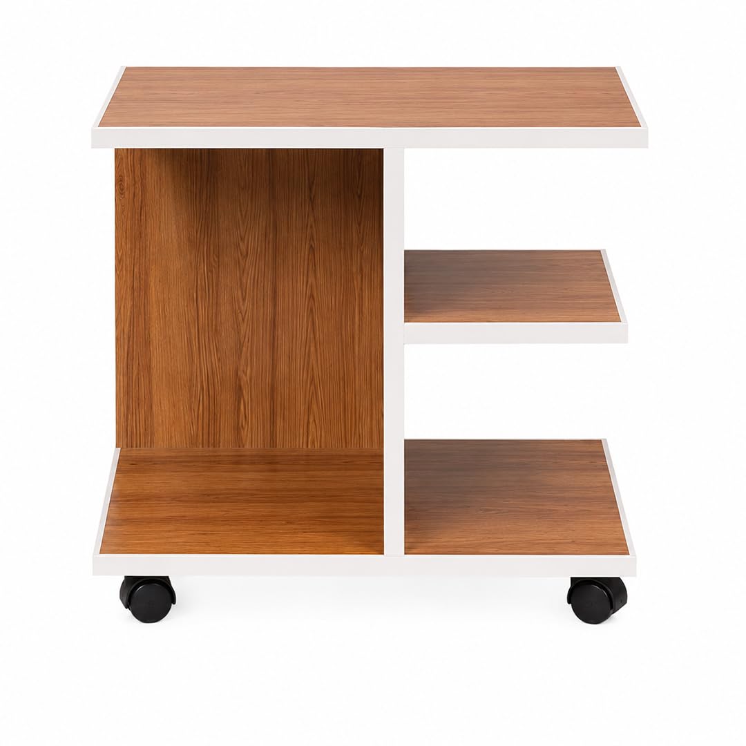 Mobile Side Table with Open Shelves on Caster Wheels, 54x38x71 cm | Walnut & White Finish, Engineered Wood, 3 Open Compartments, Multi-Use Utility Table, Smooth-Rolling Castors-image-17