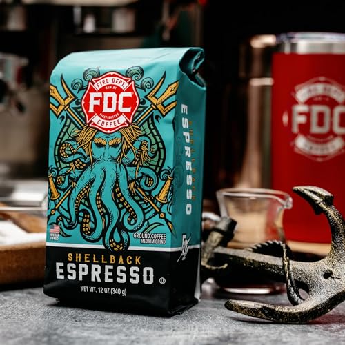 Image of Fire Department Coffee - Gives Back to Firefighters - Shellback Espresso Ground Coffee - Bold & Smooth - Roasted in the USA - Dark Roast Espresso - Veteran Owned (12 oz, Pack of 2)