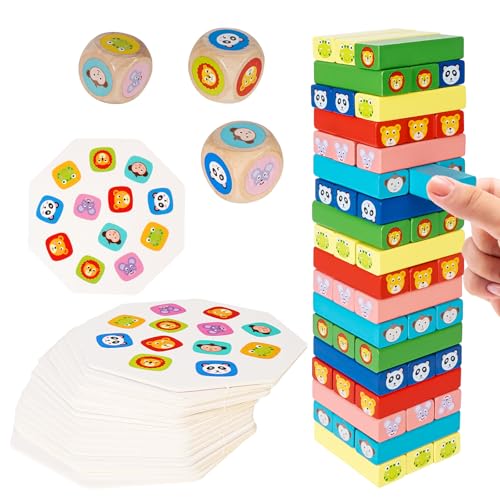 SUPRBIRD 4 en 1 Torre de Bloques Infantil con Colores y Animales, Juego Infantil Educativo Madera con 54 Bloques 18 Cartas, Juego Habilidad Madera Niños para Niños Niñas