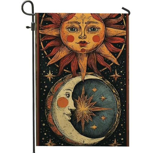Celestial Sun and Moon Garden Flag, Vintage Night Sky Decor for Summer & Fall, Double-Sided Decorative Banner, Outdoor Lawn Art for Spiritual Home 12x18 Inch