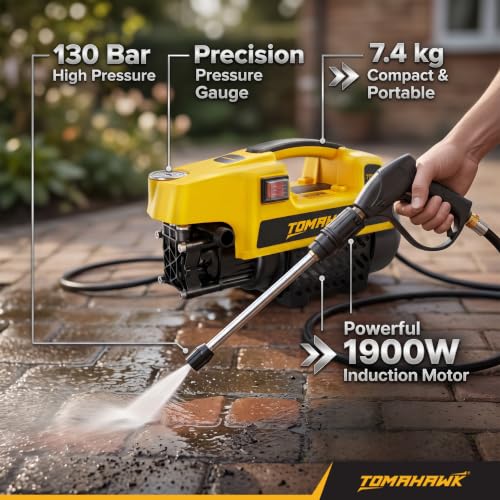Image of Tomahawk TPW-A Induction Motor Pressure Washer - 130 Bar High Pressure, 1900W Deep Cleaning Power | 1-Line Compact Washer with 8m Hose, Pressure Gauge & Foam Bottle for Car, Bike & Home