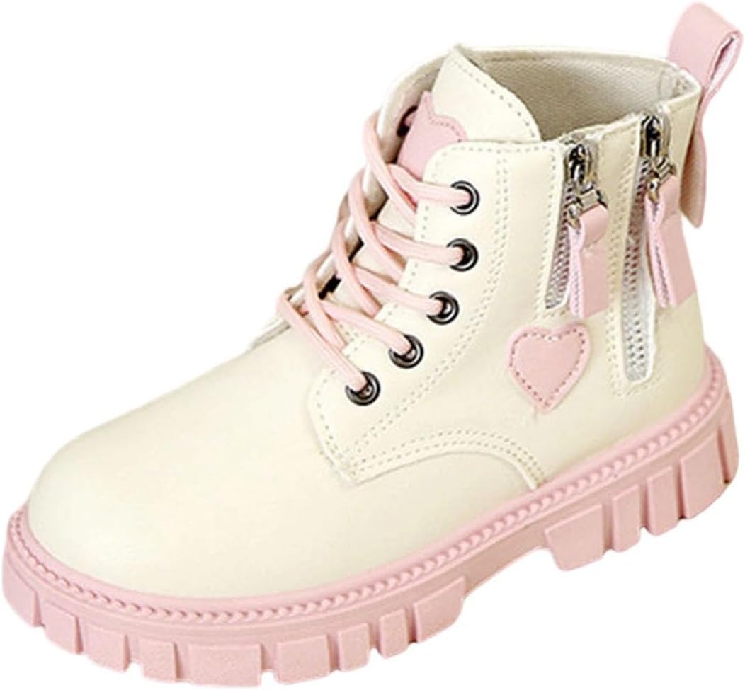 Girls Riding Boots Kids Faux Leather Boot Lace Up Shoes Windproof Platform Non-Slip Sole Boots Ankle Booties Side Zip Shoe Autumn and Winter Boot Holiday Walking Hiking Footwear