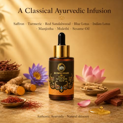 Image of The Indie Earth Kumkumadi Tailam 30 ml | An Ayurvedic Beauty Face Oil | Miraculous Beauty Night Serum for Brighter, Glowing & Younger Looking Skin with Turmeric, Saffron, Blue Lotus & Indian Lotus