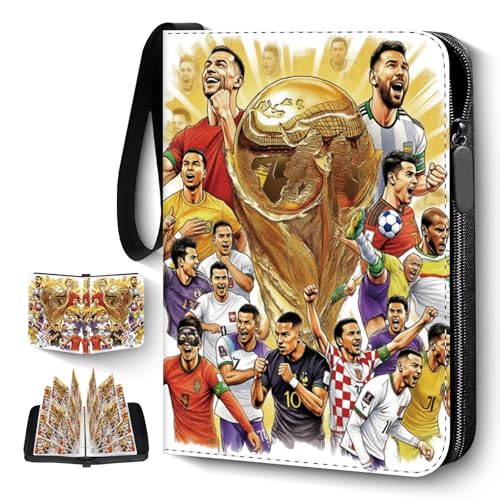 Soccer Card Binder 4 Pocket Trading Card Binder Fits 440 Cards with 55 Removable Sleeves Binder Collection Booklet with Zipper PU Portable Card Holder for Soccerl Fans World Cup