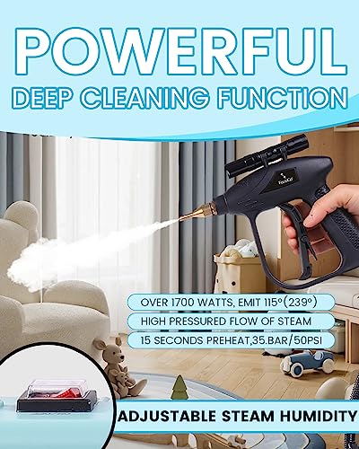 Image of FoundGo 1700W Tankless Handheld Steam Cleaner with 7 Brushes 20s Heating to 239℉ Pressurized Portable Steam Cleaner, Cleaning Home /Kitchen /Car & More-Blue