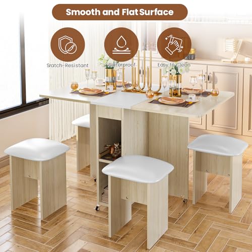 Image of furlinkhm Folding Dining Table Set for 4, Dinner Table with 4 Leather Chairs and Shelves, Space Saving Foldable Dining Table with 6 Wheels, Kitchen Table for Small Spaces (Beige)