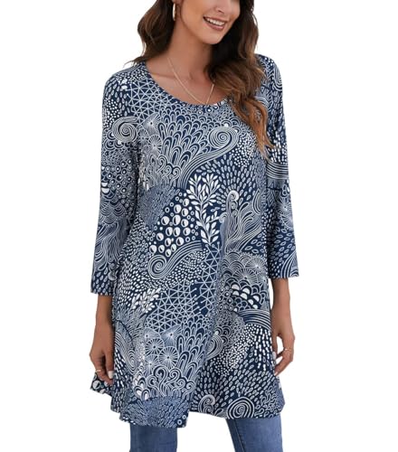 ENMAIN Womens Tunic Tops 3/4 Sleeve Plus Size Loose Fit Tunics Dressy Casual Paisley Floral Swing Flare Top for Leggings