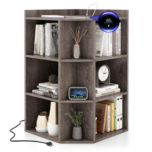 Tangkula 9 Cube Corner Bookshelf with Charging Station, 90 Degree Corner Cabinet w/2 USB Ports & 4 Outlets, 3-Tier Open Wooden Bookcase Display Storage Shelf for Study Living Room (Gray, 9-Cube)