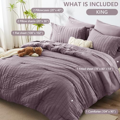 Image of HIMEET King Size Comforter Set - 7 Pieces Seersucker Bed in a Bag, Boho Bedding Sets for Bedroom Decor, All Season Home Essential Bed Set with Comforter, Sheets, Pillowcases & Shams, Dusty Purple