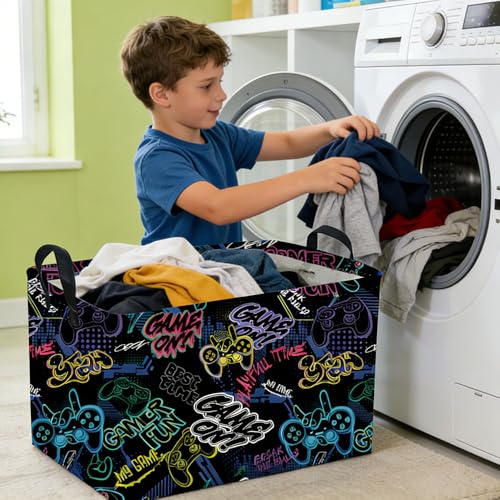 Image of Rectangular Kids Baskets,Waterproof Foldable Storage Basket with Handles,Games Basket,Boys Room DecorGame Storage Bin,Shelf Baskets(Cool Game)