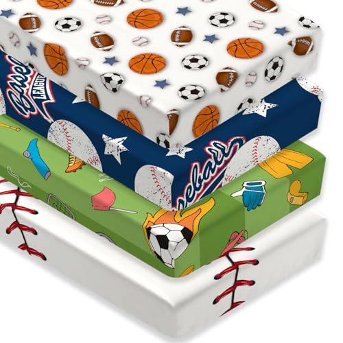 4 Pack Sports Baseball Crib Sheet Set for Boys, Neutral Soft Breathable Fitted Vintage Crib Sheet, Baseball Nursery Decor for Standard Crib and...
