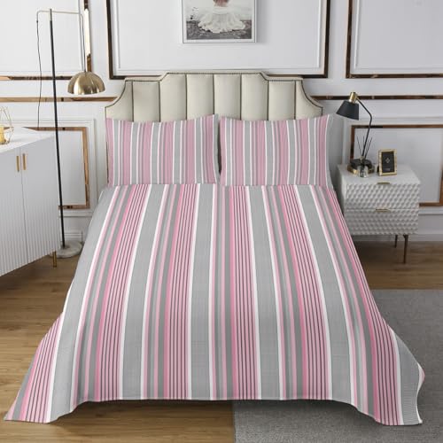 Plaid Striped Quilt Set for Kids Teens,Pink Grey White Lines Bedspread Coverlet,Girly Style Bedding Set Decorative Quilted 3 Pieces Coverlet Set with 2 Pillow Shams,King Size