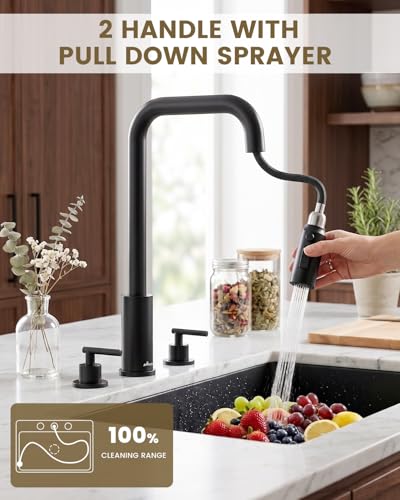 Image of APPASO 4 Hole Black Kitchen Faucet with Pull Down Sprayer & Soap Dispenser | Matte Black Square Neck Kitchen Sink Faucet with Dual Handle, Stainless Steel for 3 and 4-Hole Sinks, Easy to Install