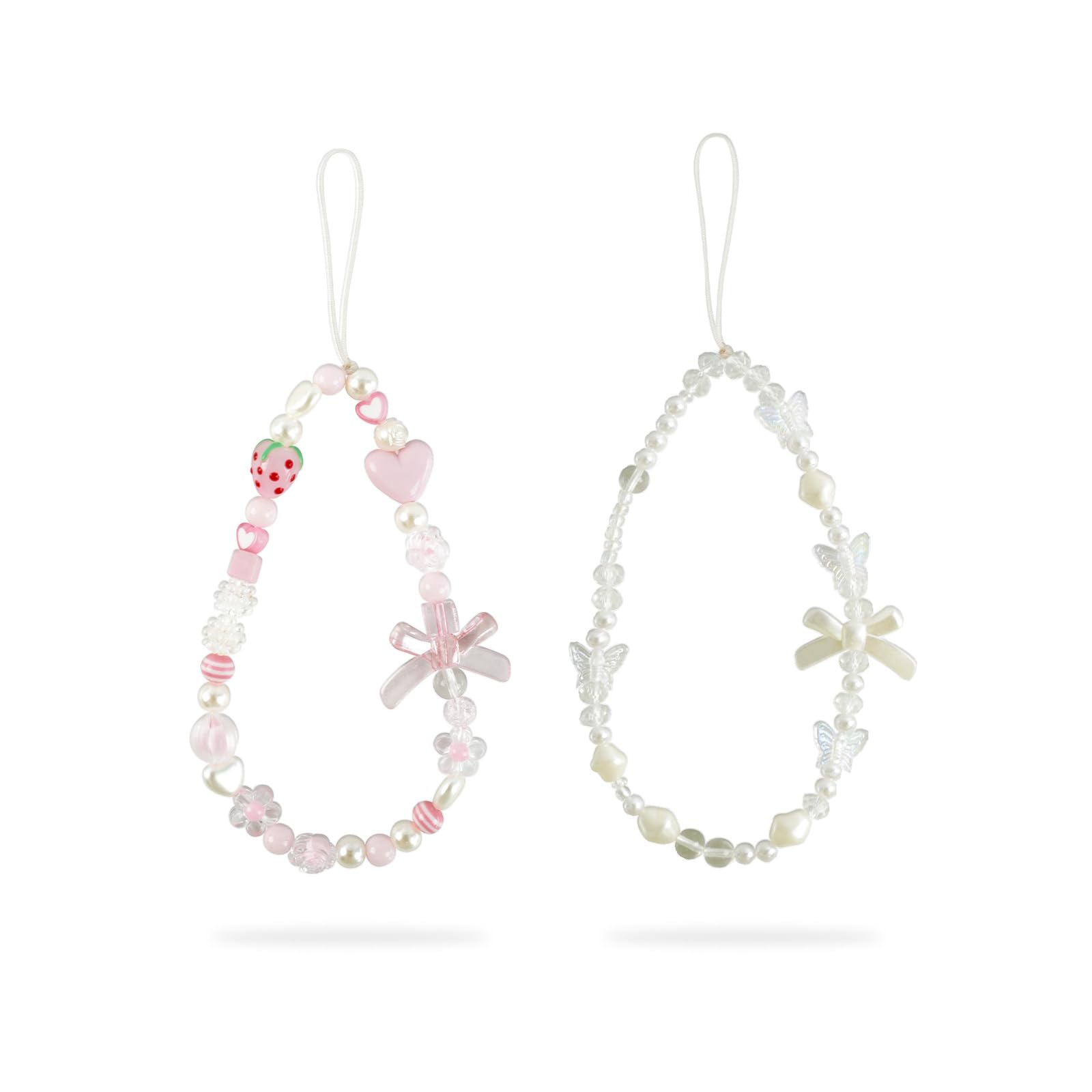 2 Pcs Beaded Phone Wrist Straps, Camera Charm Strap Phone Charms for Cellphone Case, Y2K Strawberry Lanyard Keychain Wristlet for Aesthetic Charm Pink, Cute Bow Cellphone Keychain Wrist Lanyard Strap