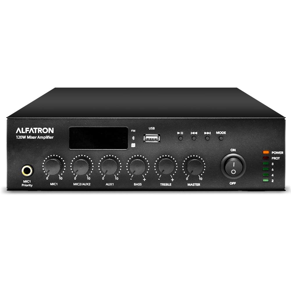 Alfatron ALF-120W-UB Compact Mixer Amplifier with Built-in MP3 Player, Onboard FM Tuner, Bluetooth Connection, Front & Rear Panel Mic Inputs, 120W at 70/100V, & More