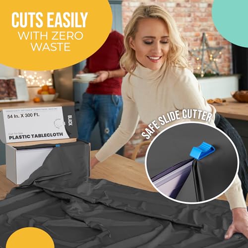 Image of Exquisite Party Solids 54 Inch X 300 Feet Black Plastic Table Cover Roll in A Cut - to - Size Box with Convenient Slide Cutter. Cuts Up to 36 Rectangle 8 Feet Plastic Disposable Tablecloths