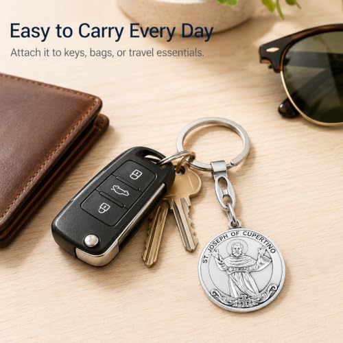 Image of Brilucky St Joseph of Cupertino Medal Keychain,Saint Joseph of Cupertino Key Chain for Pilot,Aviators, Air Travelers,Airplane Gifts,Catholic Religious Airplane Keychain,Flight Attendant Essentials