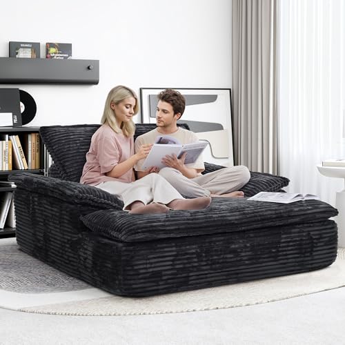 LIKIMIO 59''W Oversized Chaise Lounge Chair Sofa Bed - Plush Corduroy Upholstered Reading Chair, Cloud Couch for Living Room, No Assembly (Black)